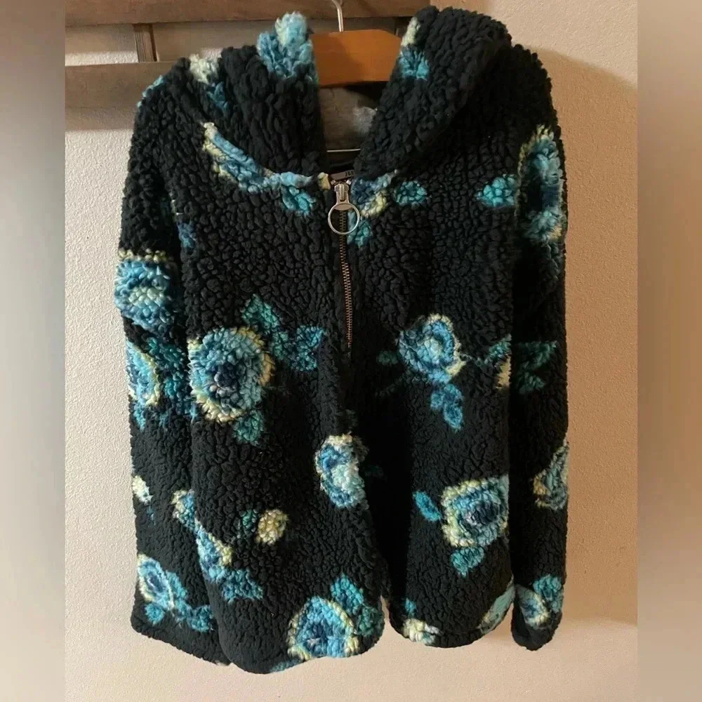 Justice Girls‎ Sherpa Jacket Pull Over Black And Blue Floral Design Size XL